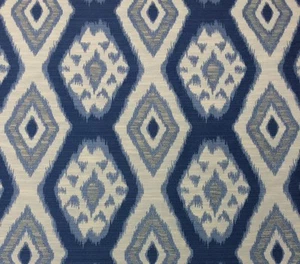BALLARD DESIGNS TYBEE BLUE DIAMOND MEDALLION IKAT DESIGNER FABRIC 1.5 YARDS 56"W - Picture 1 of 5