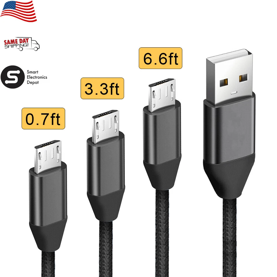 .7/3/6Ft Braided Micro USB 2.0 Fast Charging And Data Sync Cable For Cell Phones - Image 1 of 4
