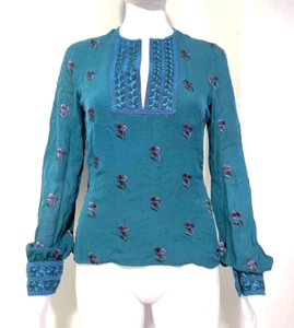 ANDREW GN PARIS FLORAL EMBROIDERED  SILK LONG SLEEVED TOP BLUE SIZE S - Picture 1 of 13