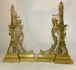 pair of antique ornate Neoclassical bronze fireplace andirons firedogs chanets - Picture 1 of 13