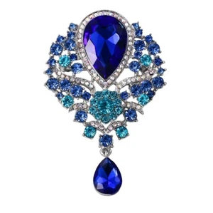 Brooch Sparkly Turquoise Cobalt & A/B Rhinestone Crystals Teardrop Silver Tone - Picture 1 of 1