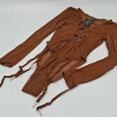 Frederick's of Hollywood Bodysuit Lola Lee Sheer Mesh Long Sleeve Teddy Coco M - Image 1 of 4