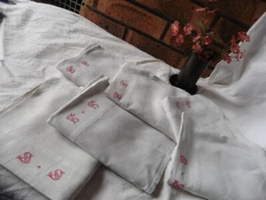 6 ANTIQUE PURE LINEN TEA TOWELS CREAM LITEAUX WHITE MONO "SS" RED 70X76 CM N°2 - Picture 1 of 6