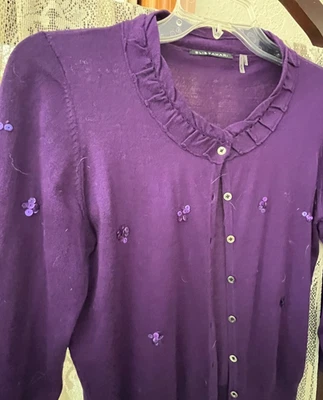 Elie Tahari 紫色轻便美利奴羊毛开衫带亮片簇 Sze M — 第 1/4 张图片
