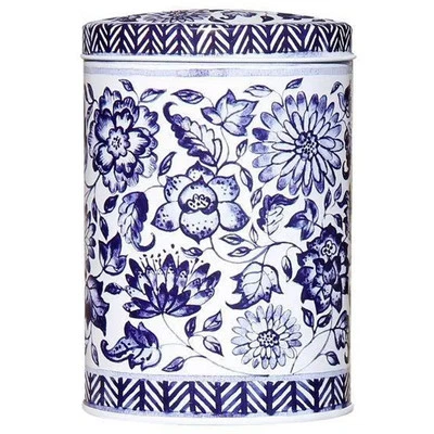 ELITE BOXES Claire Winteringham Blue and White Storage Tin Flowers Design Oval Shaped Metal