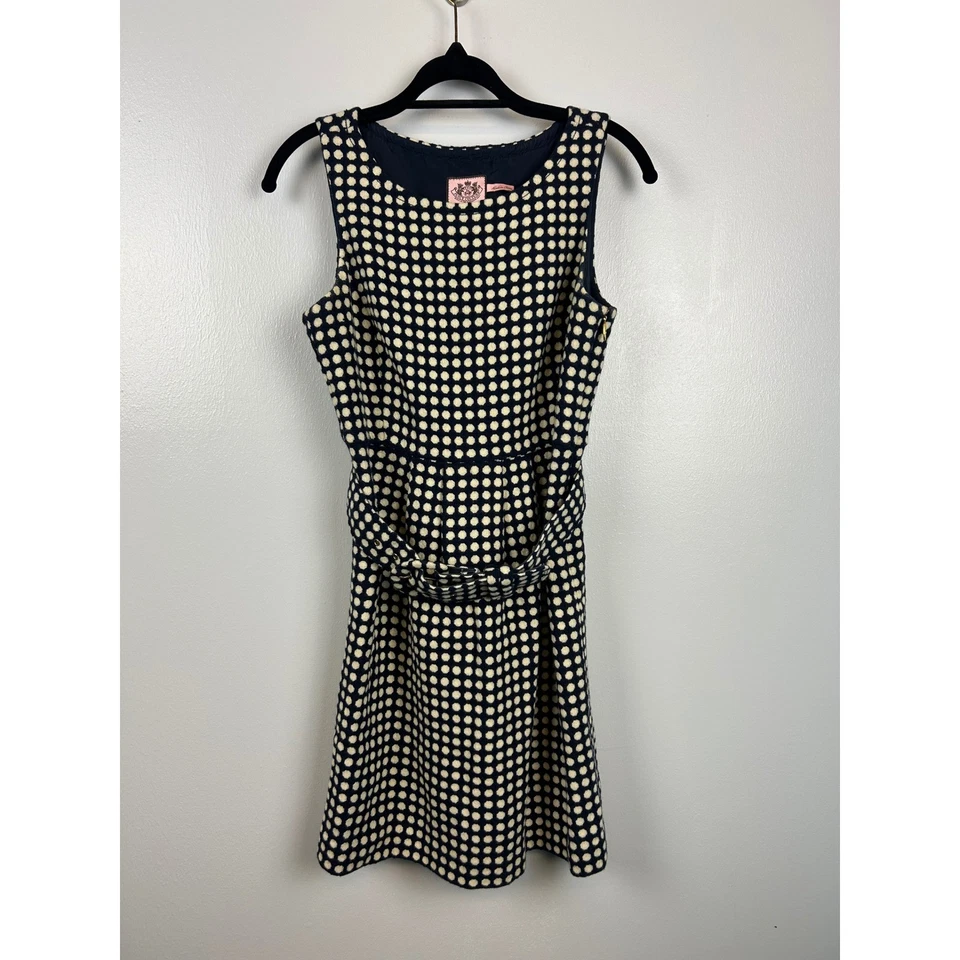 Vestido Juicy Couture Y2K Lunares con Cinturón Talla 2 Azul Marino Mezcla de Lana Leigh Preppy Foto 1 de 4