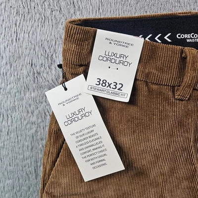 NEW Roundtree & Yorke Corduroy Pants Men 38 x 32 Flat Front Stretch Classic Tan - Image 1 of 4