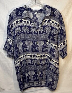 VTG Elephant Button Up Shirt Mens Large Blue Lightweight Short Sleeve Thailand - Picture 1 of 8
