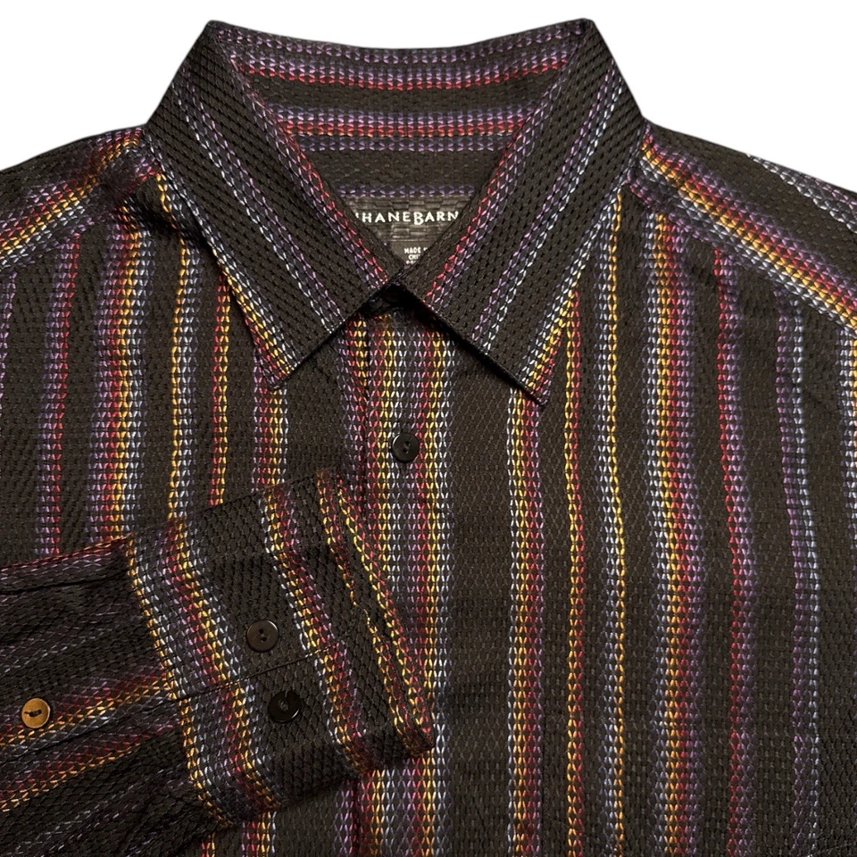 Jhane Barnes Men’s M Shirt 46 Black Multicolor Stripe Textured Weave Silk Blend - Image 1 of 4