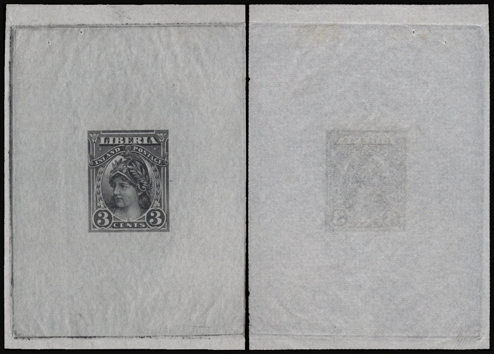 LIBERIA-1895-3c Liberty, large die proof in black on thin bond Scott # 94P1 VF - Image 1 of 3