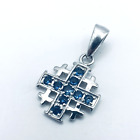 Small Sterling Silver 925 Blue Rhinestone Cross Pendant