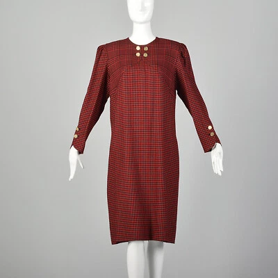 M Adele Simpson Dress 1980s Red Black Houndstooth Plaid Long Sleeve Wool 80s VTG - Image 1 of 4