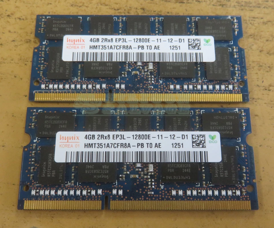 Hynix 2 x 4GB 2Rx8 EP3L-12800E DDR3 204-Pin ECC SODIMM Memory HMT351A7CFR8A-PB - Image 1 of 1