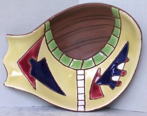 Vintage MCM Keramos pottery Israel: faux mosaic, faux wood - amoeba bowl, signed - Picture 1 of 11