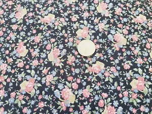 COTTON FABRIC- Pink & Blue Florals on Black by the Kesslers for Concord BTY - Picture 1 of 2