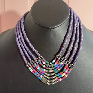 Bohemian Perlen Choker Halskette lila bunt 80er Retro Strandschmuck - Bild 1 von 7