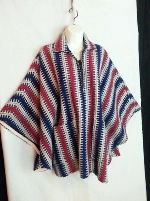Poncho de Colección Años 70 Capa Cintura Corbatas Rojo Blanco Azul Forrado Bolsillos Hippie 1 Talla Reg Foto 1 de 4