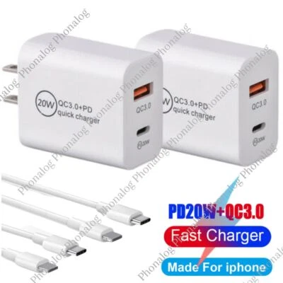 Para iPhone 14 13 12 11 Pro XR PD Cable Cargador Rápido 20W USB-C Bloque Adaptador de Corriente Foto 1 de 4