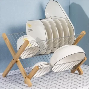 2 Tier Bambo Dish Rack Plate Cup Drying Drainer Storage Drip Tray Cutlery Holder - Picture 1 of 10