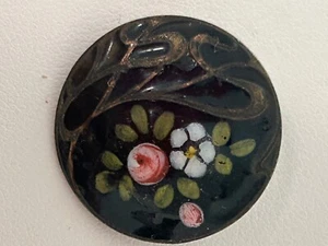 Antique French Black Enamel Pink & White Flower Button - Picture 1 of 6