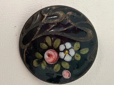 Antique French Black Enamel Pink & White Flower Button - Image 1 of 4
