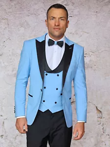NUEVO CON ETIQUETAS TRAJE DE HOMBRE AZUL CIELO 42R, AJUSTE A MEDIDA, 2 VENTILACIONES LATERALES, PANTALONES DELANTEROS PLANOS, - Imagen 1 de 1