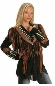 Damen Western Wear Cowgirl Wildleder Leder Fransen Jacke Knochen Cognac Besatz Lj19 - Bild 1 von 3