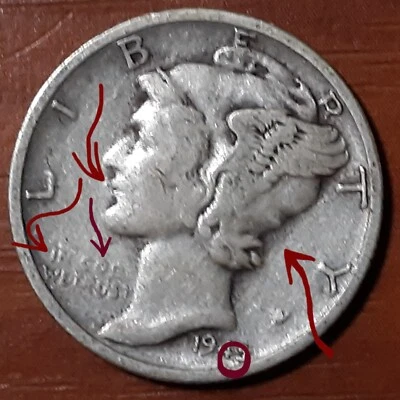 1945/3 S Mercury 10C 2.5g Multiple Errors Obv & Rev: PAC-MAN in Filled Moto-DDOR - Image 1 of 4