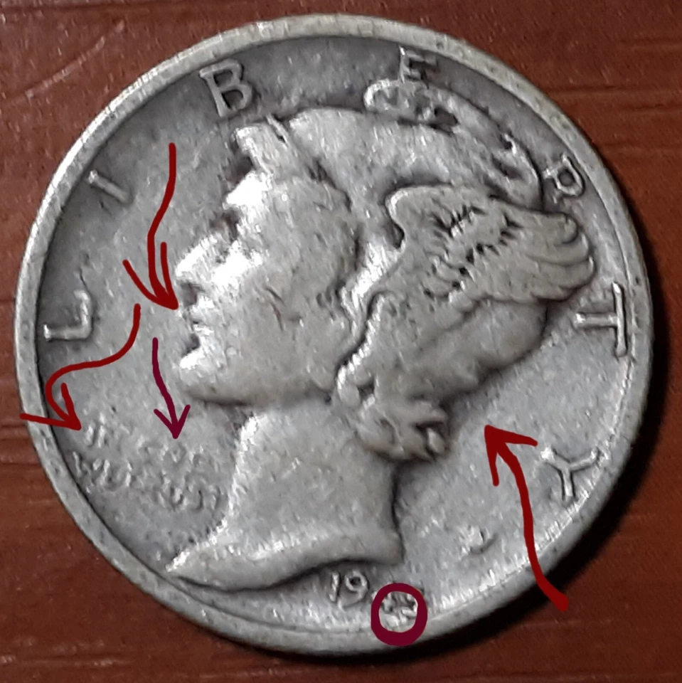 1945/3 S Mercury 10C 2.5g Multiple Errors Obv & Rev: PAC-MAN in Filled Moto-DDOR - Image 1 of 4