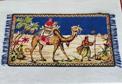 Vintage Velveteen Tapestry Camel People Fringe Bright Colors 20.5" X 39.5"  — 第 1/4 张图片