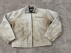Vintage 1980s Carhartt Detroit Jacket Blanket Lined Tan Distressed Work Coat - Picture 1 of 16