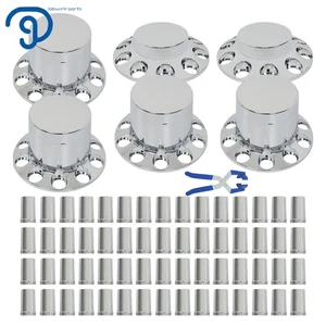 33mm Front & Rear Hub Cover Semi Truck Wheel Axle Covers Kit Nut Complete Chrome - Picture 1 of 22