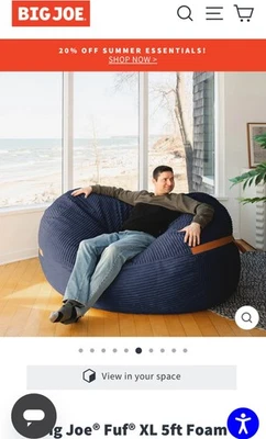 Big Joe 经典豆袋椅,黑色,16 英寸高 x 27.5 英寸宽 x 27.5 英寸深,从未使用过 — 第 1/4 张图片