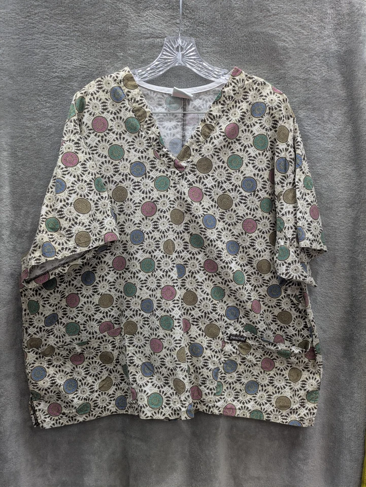 Peaches Scrub Top Women's 2XL Boho Geometric Starburst Dot Retro Neutral - Image 1 of 4