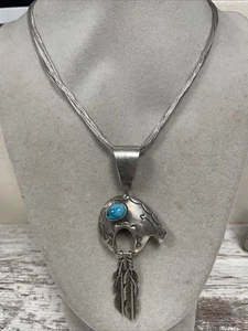 925 Ster Silver Navajo Liquid Silver Necklace & 2-sided Charm W/Turq Signed - Picture 1 of 12