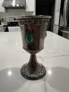 Tazza Kiddush Vintage Zadok Argento Sterling 925 Filigrana Giudaica 3 Eilat Stone 57g - Foto 1 di 9