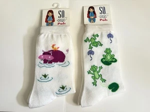 2 Packs So Gsjc Pal Socks Frog -Hippo/ Size 4-10 White With Print Crew Animal - Picture 1 of 3