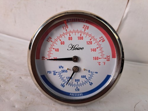 Howe Temperature Pressure Gauge 3” Dial & 2” Valve Stem 70-310 F 0-240 ...