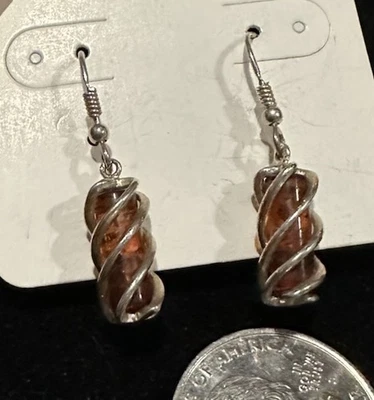 Artisan Sterling Silver Earrings Baltic Caged Amber Bead Modern 925 Drops Hook - Image 1 of 4