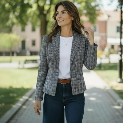 Lafayette 148 纽约黑白羊毛/丝绸混纺西装外套 2 码 — 第 1/4 张图片