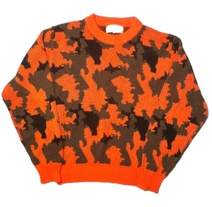 Vintage Blaze Orange Camo Sweater Size Medium Red Head Hunting Acrylic Knit 90s - Picture 1 of 12