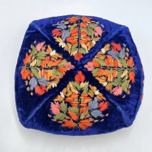 Vintage Traditional Beadwork Skullcap Cap Hat Uzbek Handmade Muslim Blue Velvet - Picture 1 of 8