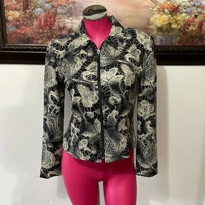 Joseph Ribkoff Blouse Veston Jacket 8 Sequins Shoulder Pads Full Zip Black Cream - Image 1 of 4