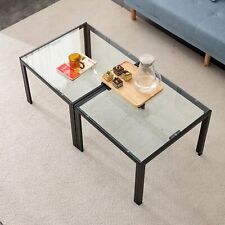 Set of 2 Square Coffee Tables, Tempered Glass Finish, Modern, for Living Room