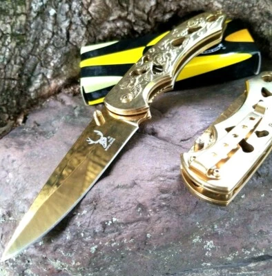Gold Roses 8"  Pocket Knife Ladies EDC Stainless Steel Heavy 😍👀 - Image 1 of 4