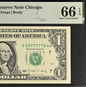 1988 $1 Federal Reserve Note PMG 66EPQ - Gem Fancy Serial Number 59777779 - Picture 1 of 3