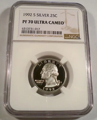 1992-S 25c SILVER NGC PF70UCAM WASHINGTON QUARTER PROOF ULTRA CAMEO PR 70 DC - Image 1 of 4