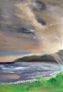 Oil Painting Seascape ORIGINAL Dorset, Stunning Sky Over Peveril Point 30x40cm. - Picture 1 of 1