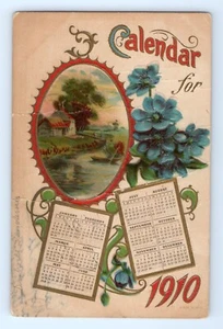 c.1910 Postcard Happy New Year 1910 Monthly Calendar Blue Flowers Stream Barn - Picture 1 of 2