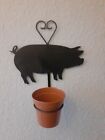 2x Wooden PIG Figures (8 "x 6") Plant Pot 4" Ring Holder Wall Mounted in BLACK. 